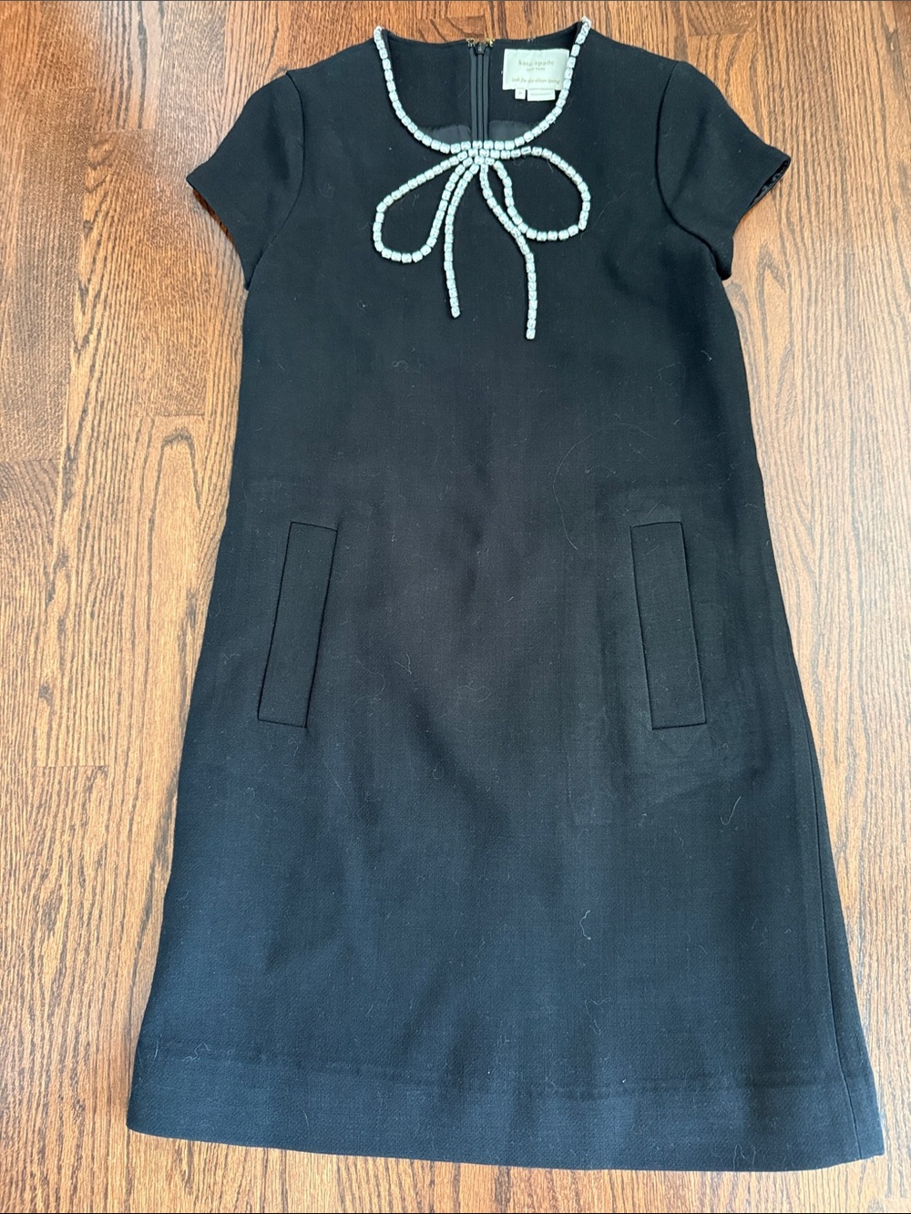 kate spade size 2 Black Short-Sleeve A line Dress with Beaded crystals Bow Neck